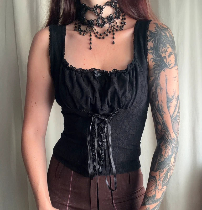 90s Romantic Goth Black Lace Corset Cami Top – size S