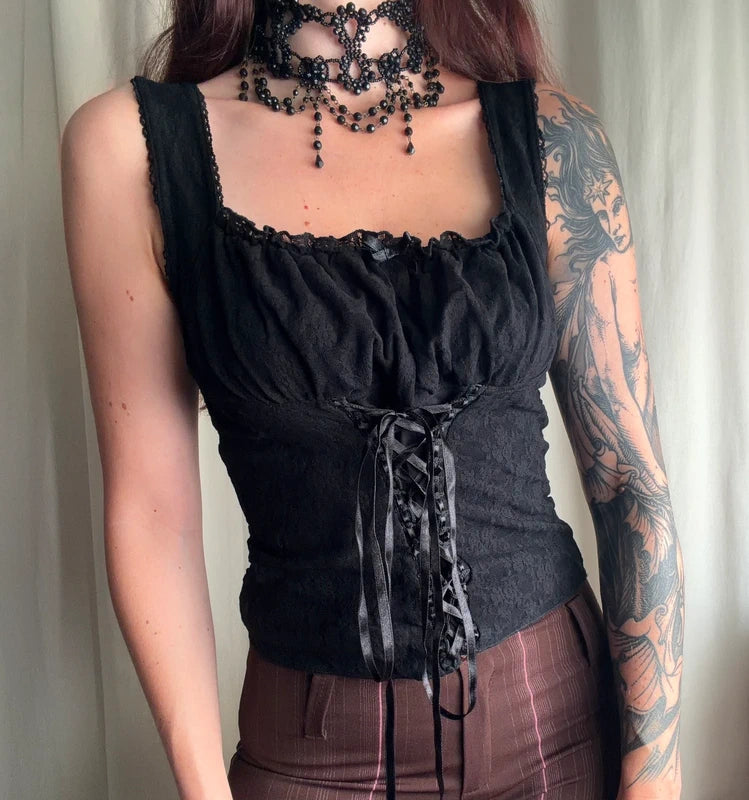90s Romantic Goth Black Lace Corset Cami Top – size S