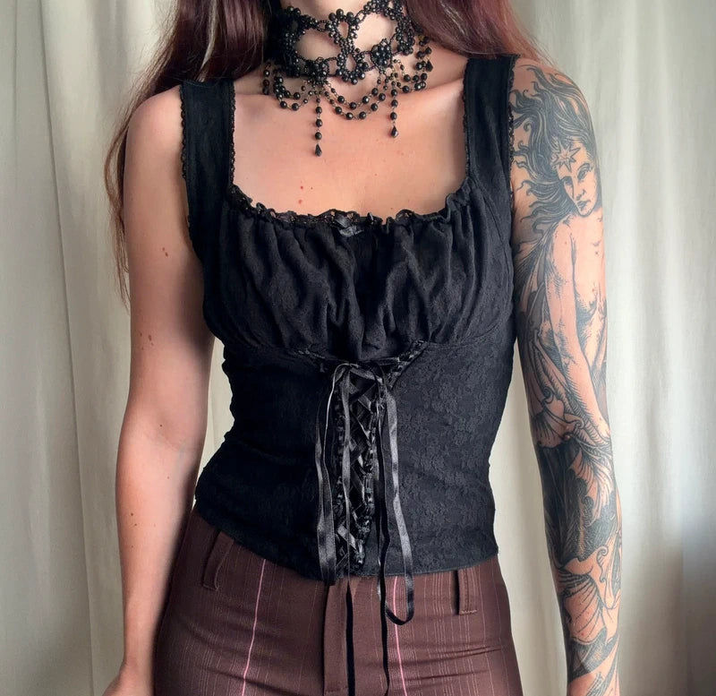 90s Romantic Goth Black Lace Corset Cami Top – size S