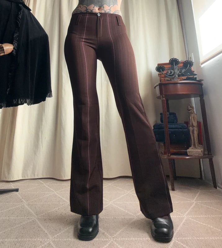 Pantalon flare marron à fines rayures roses – taille XS/S