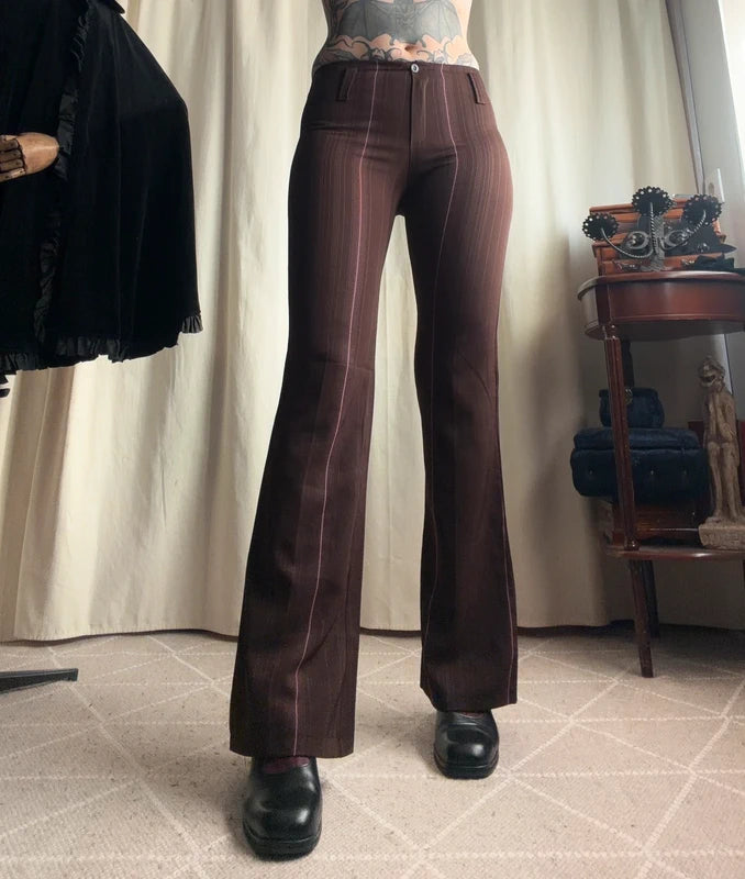Pantalon flare marron à fines rayures roses – taille XS/S