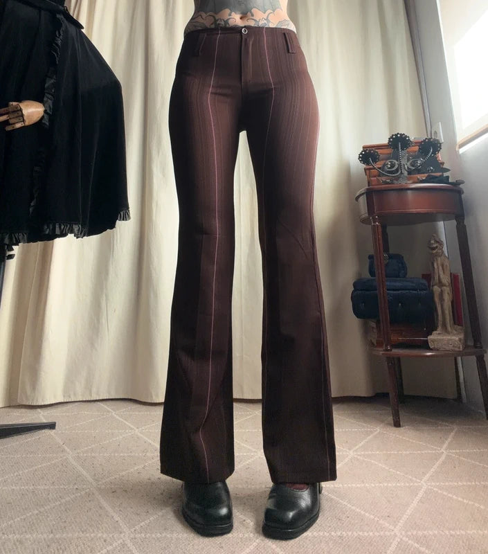 Pantalon flare marron à fines rayures roses – taille XS/S