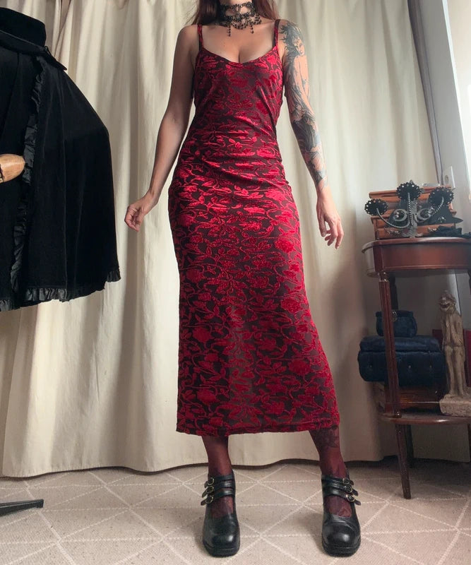 Burgundy floral velvet long dress 90s prom dress style – size S/M