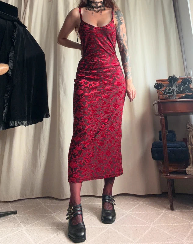 Burgundy floral velvet long dress 90s prom dress style – size S/M