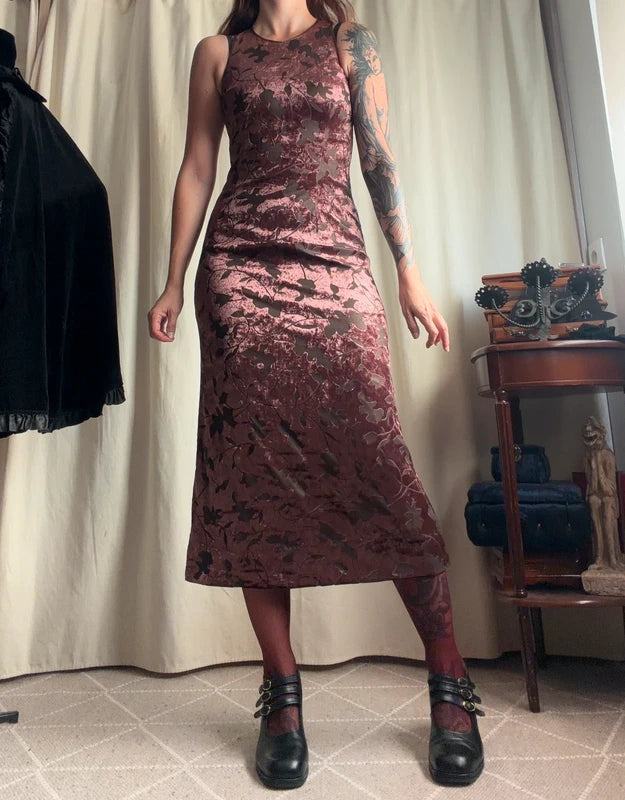 Vintage 90s brown floral devoré velvet midi dress – size S