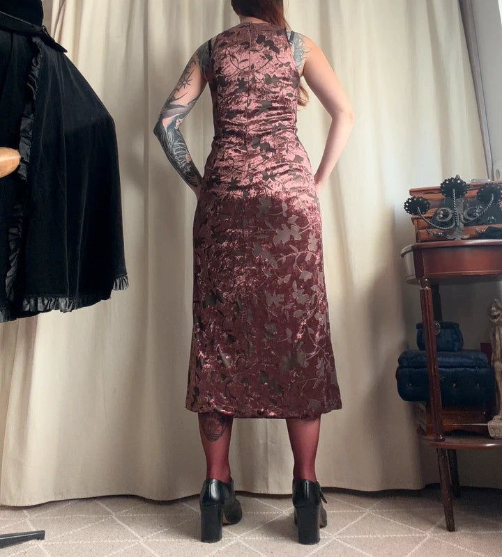 Vintage 90s brown floral devoré velvet midi dress – size S