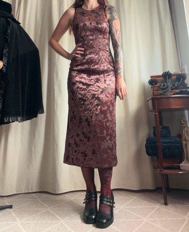 Vintage 90s brown floral devoré velvet midi dress – size S
