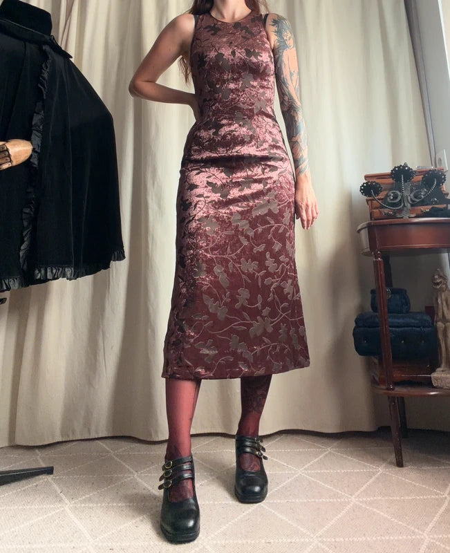 Vintage 90s brown floral devoré velvet midi dress – size S