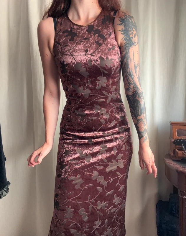 Vintage 90s brown floral devoré velvet midi dress – size S