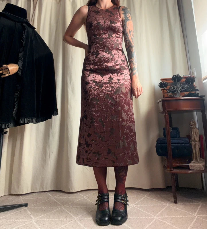 Vintage 90s brown floral devoré velvet midi dress – size S