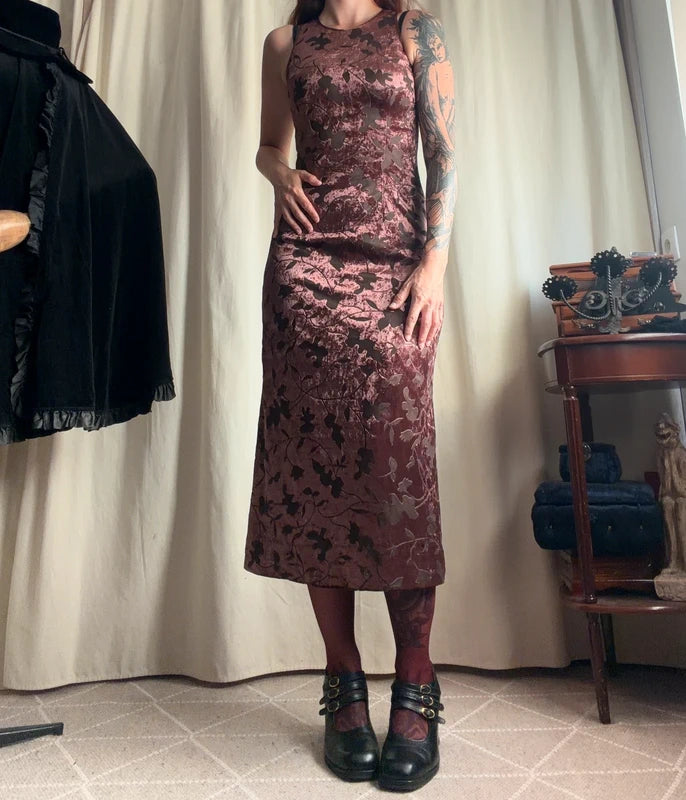 Vintage 90s brown floral devoré velvet midi dress – size S