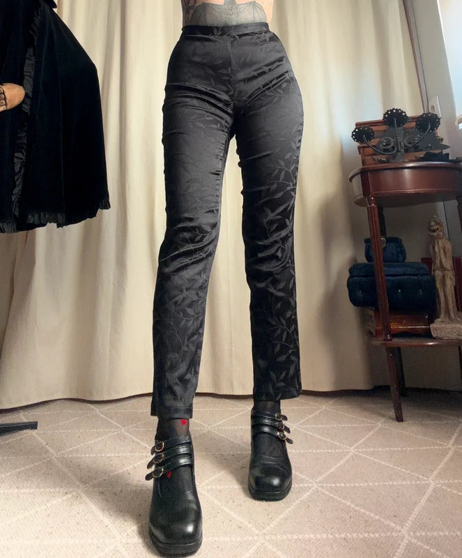 Pantalon vintage noir à motifs floraux – taille S