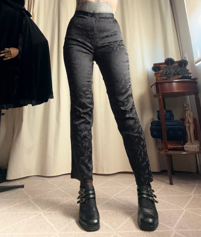 Pantalon vintage noir à motifs floraux – taille S