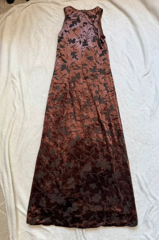 Vintage 90s brown floral devoré velvet midi dress – size S