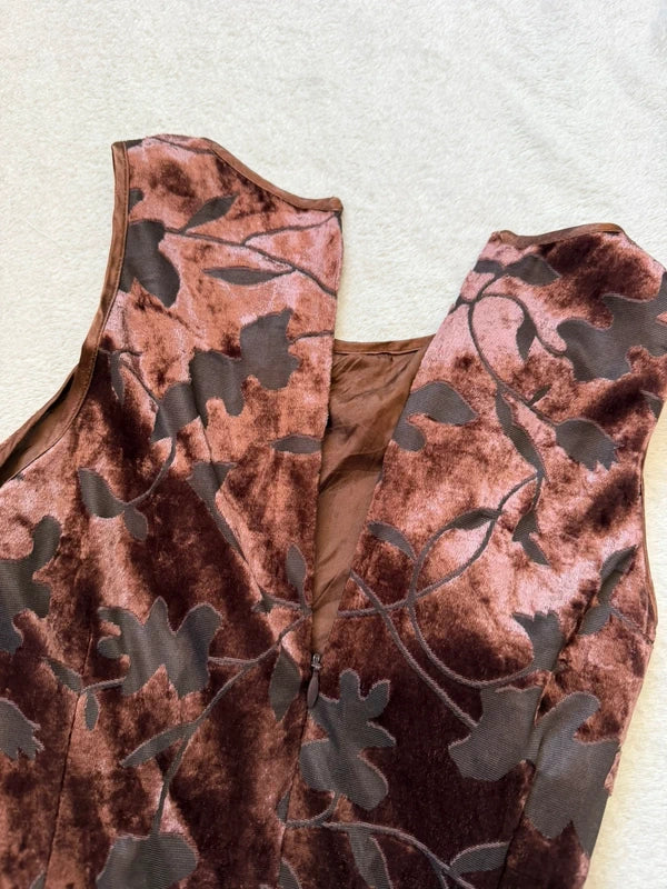 Vintage 90s brown floral devoré velvet midi dress – size S