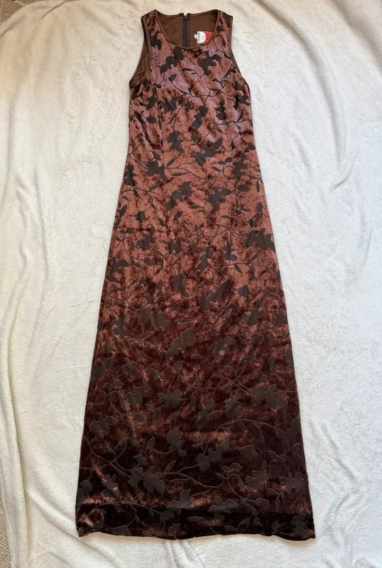 Vintage 90s brown floral devoré velvet midi dress – size S