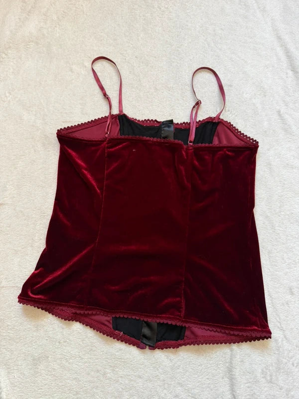 Top corset à crochets bordeaux en velours et dentelle - taille M/L