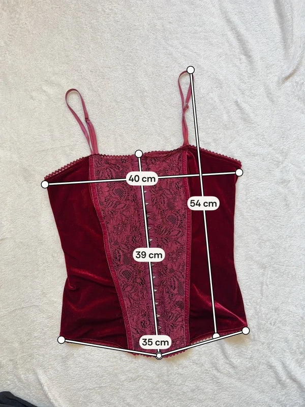 Top corset à crochets bordeaux en velours et dentelle - taille M/L