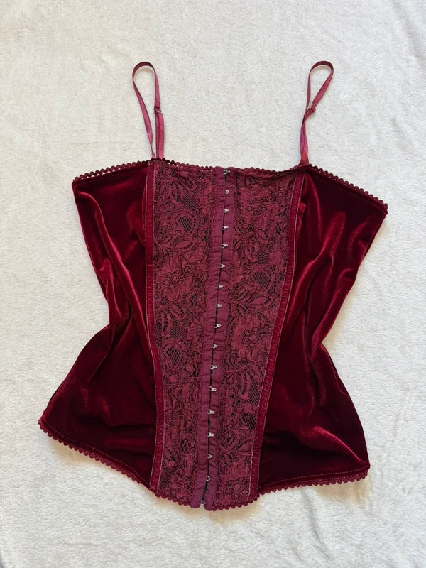 Top corset à crochets bordeaux en velours et dentelle - taille M/L