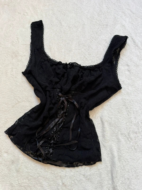 90s Romantic Goth Black Lace Corset Cami Top – size S