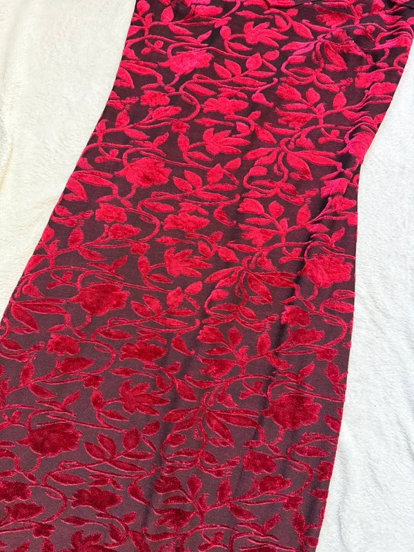 Burgundy floral velvet long dress 90s prom dress style – size S/M