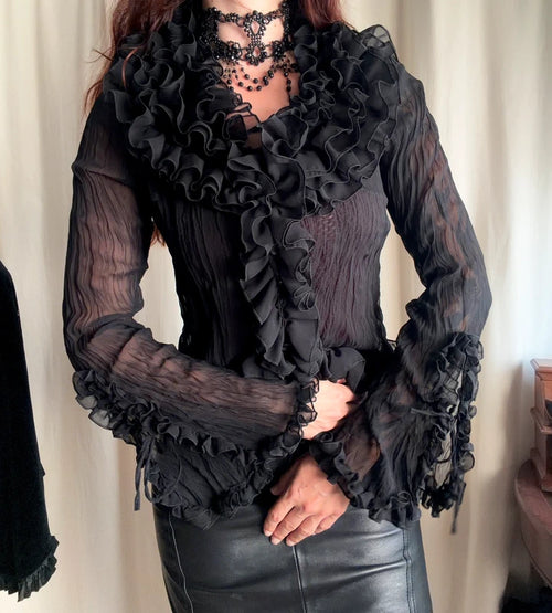 Blouse victorienne noire en mousseline à volants style gothique romantique – taille M
