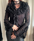 Black Chiffon Ruffled Victorian Blouse, Romantic Goth Style – Size M
