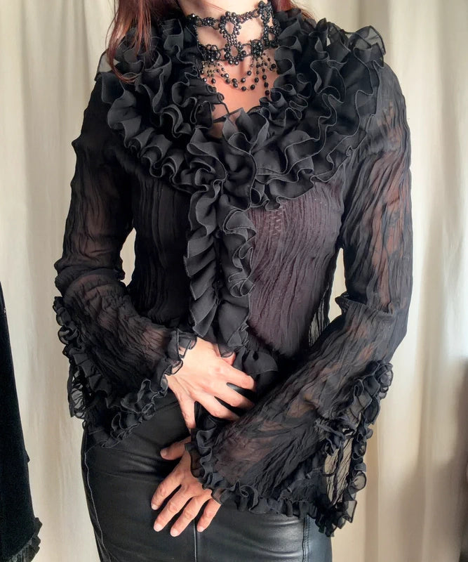 Blouse victorienne noire en mousseline à volants style gothique romantique – taille M