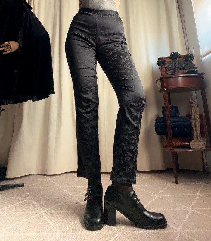 Pantalon vintage noir à motifs floraux – taille S
