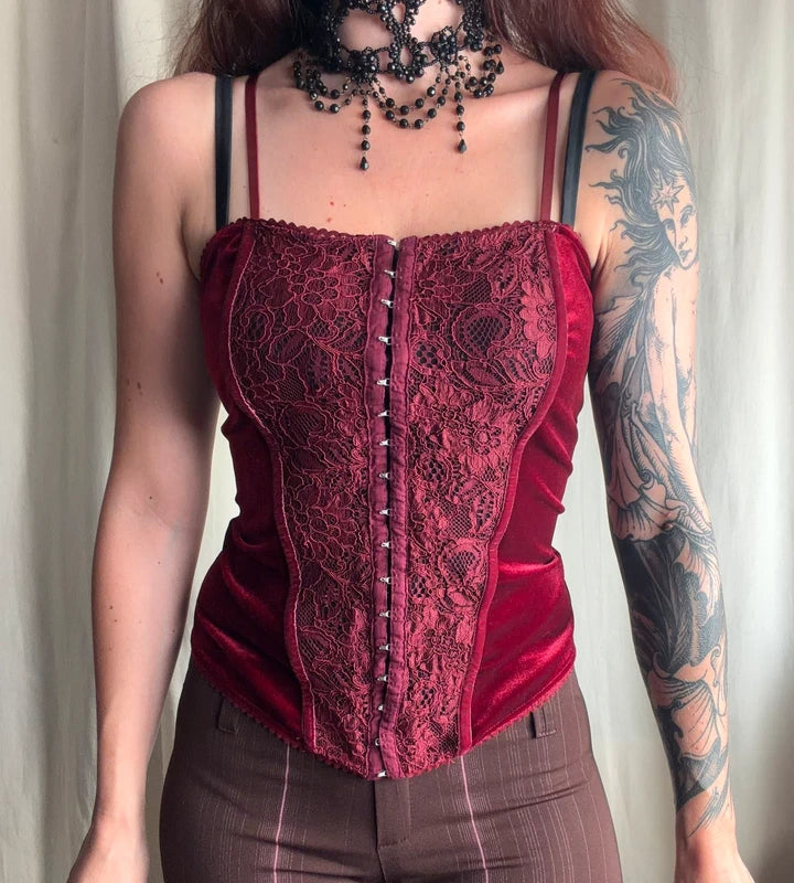 Top corset à crochets bordeaux en velours et dentelle - taille M/L