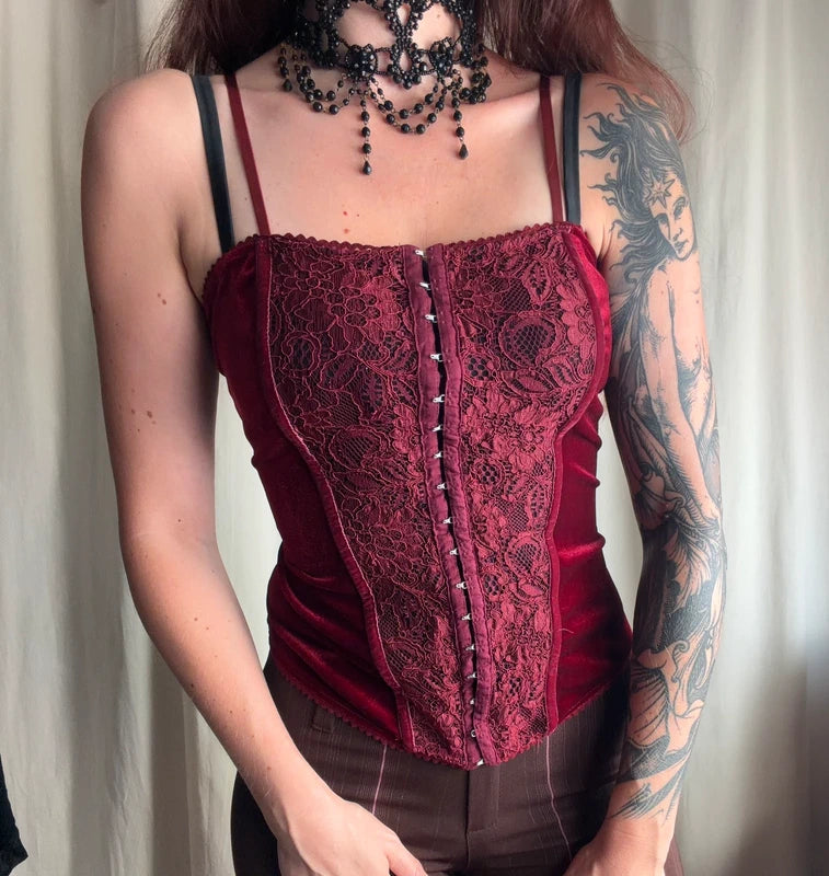 Top corset à crochets bordeaux en velours et dentelle - taille M/L