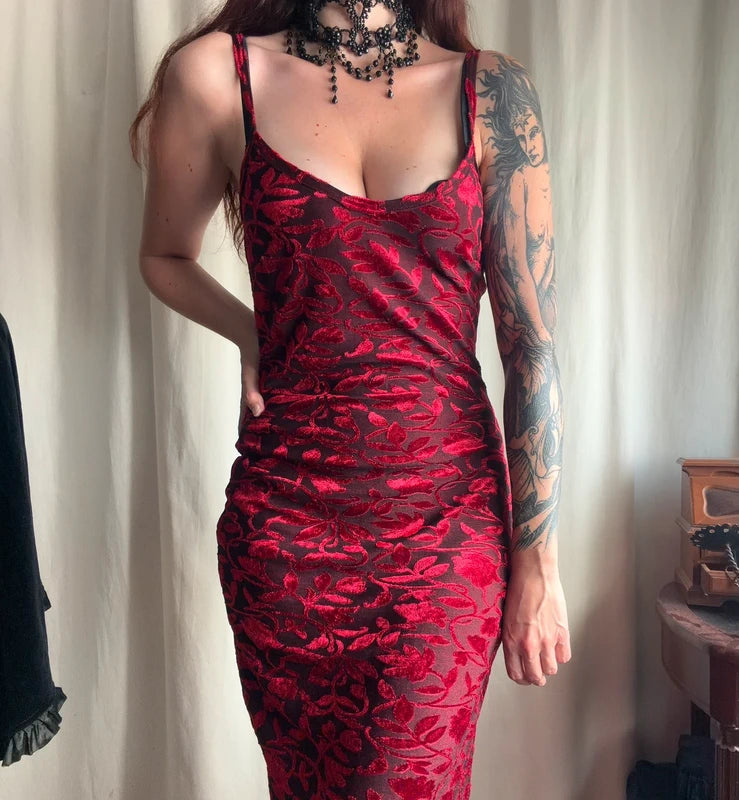 Burgundy floral velvet long dress 90s prom dress style – size S/M