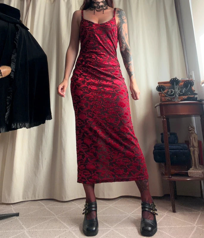 Burgundy floral velvet long dress 90s prom dress style – size S/M