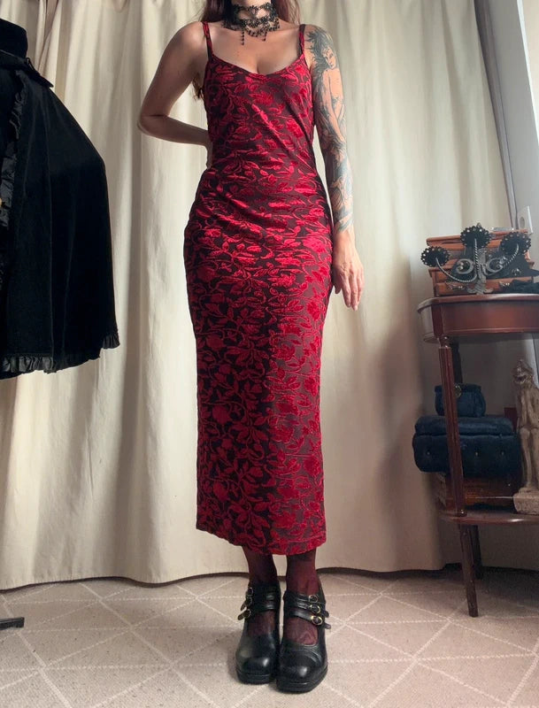 Burgundy floral velvet long dress 90s prom dress style – size S/M