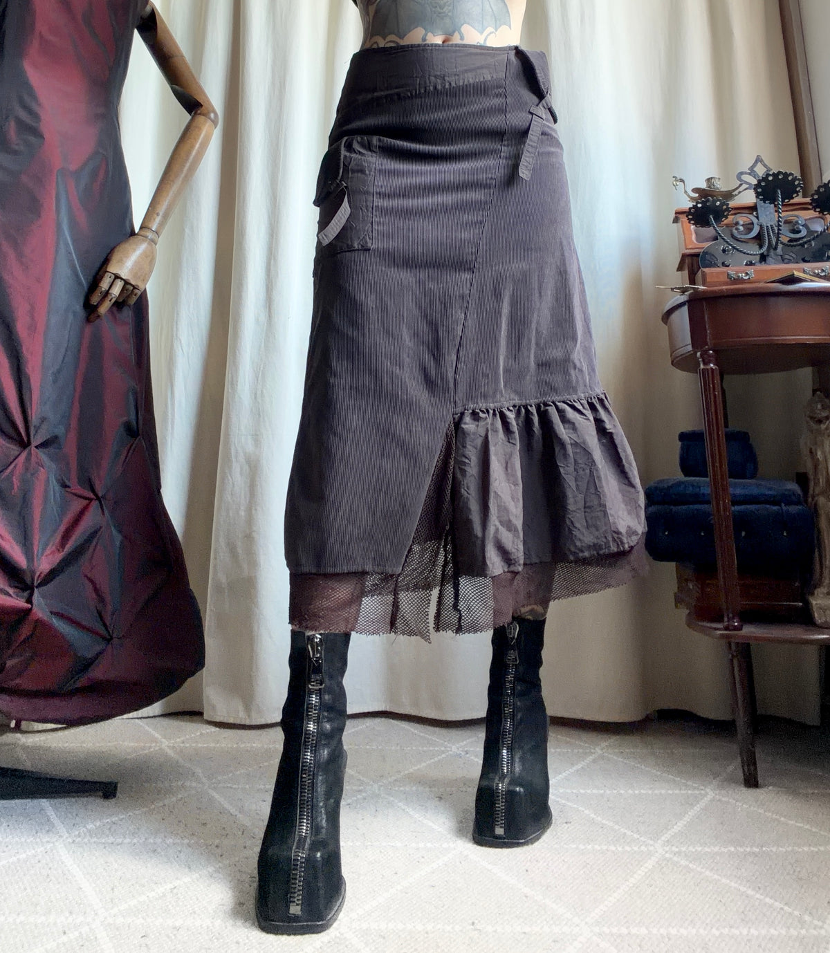 Jupe midi marron velours côtelé asymétrique style fairy grunge 90s - taille M