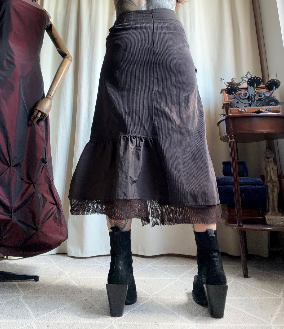 Jupe midi marron velours côtelé asymétrique style fairy grunge 90s - taille M
