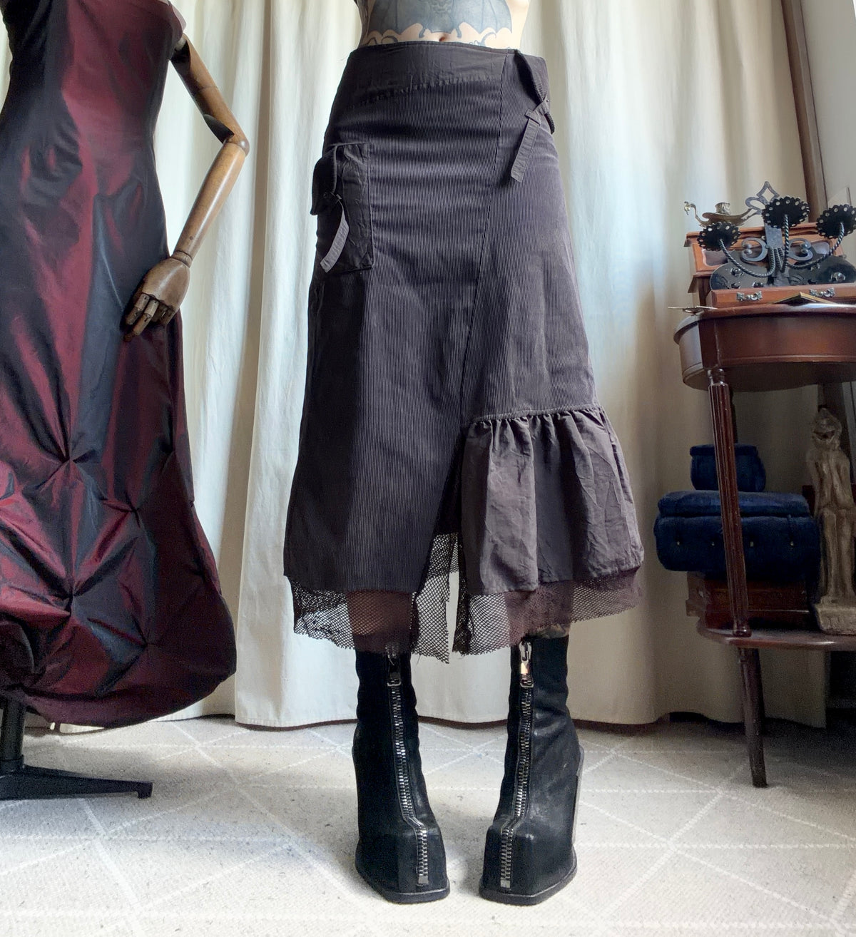 Jupe midi marron velours côtelé asymétrique style fairy grunge 90s - taille M