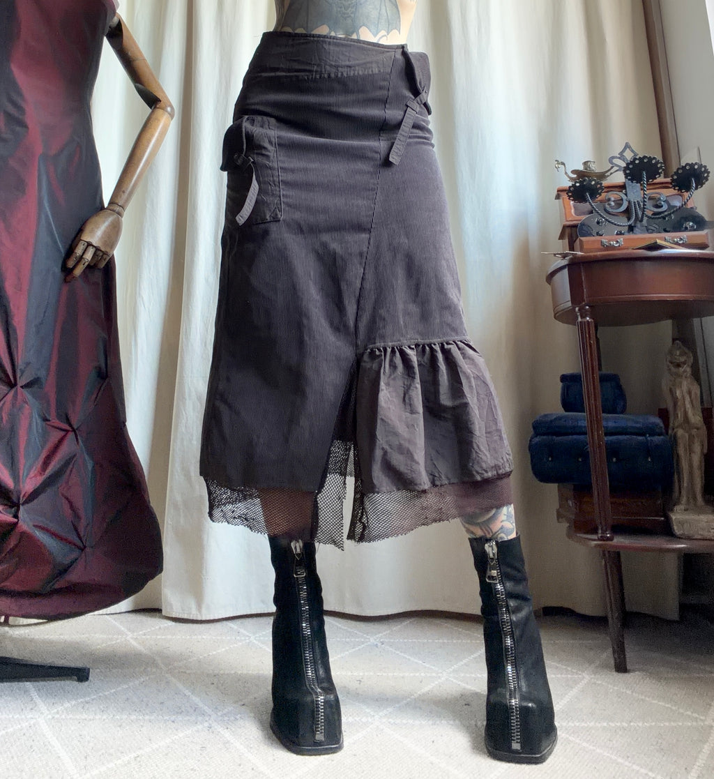 Jupe midi marron velours côtelé asymétrique style fairy grunge 90s - taille M