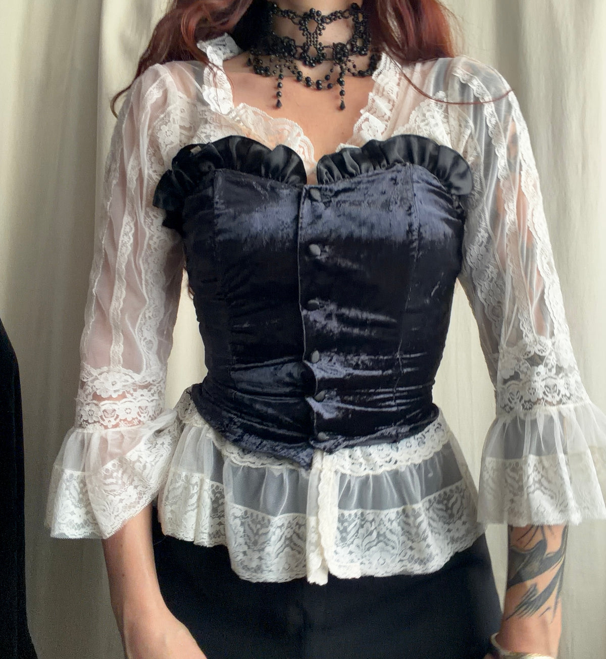 Bustier en velours noir vintage style romantic goth victorien - Taille XS