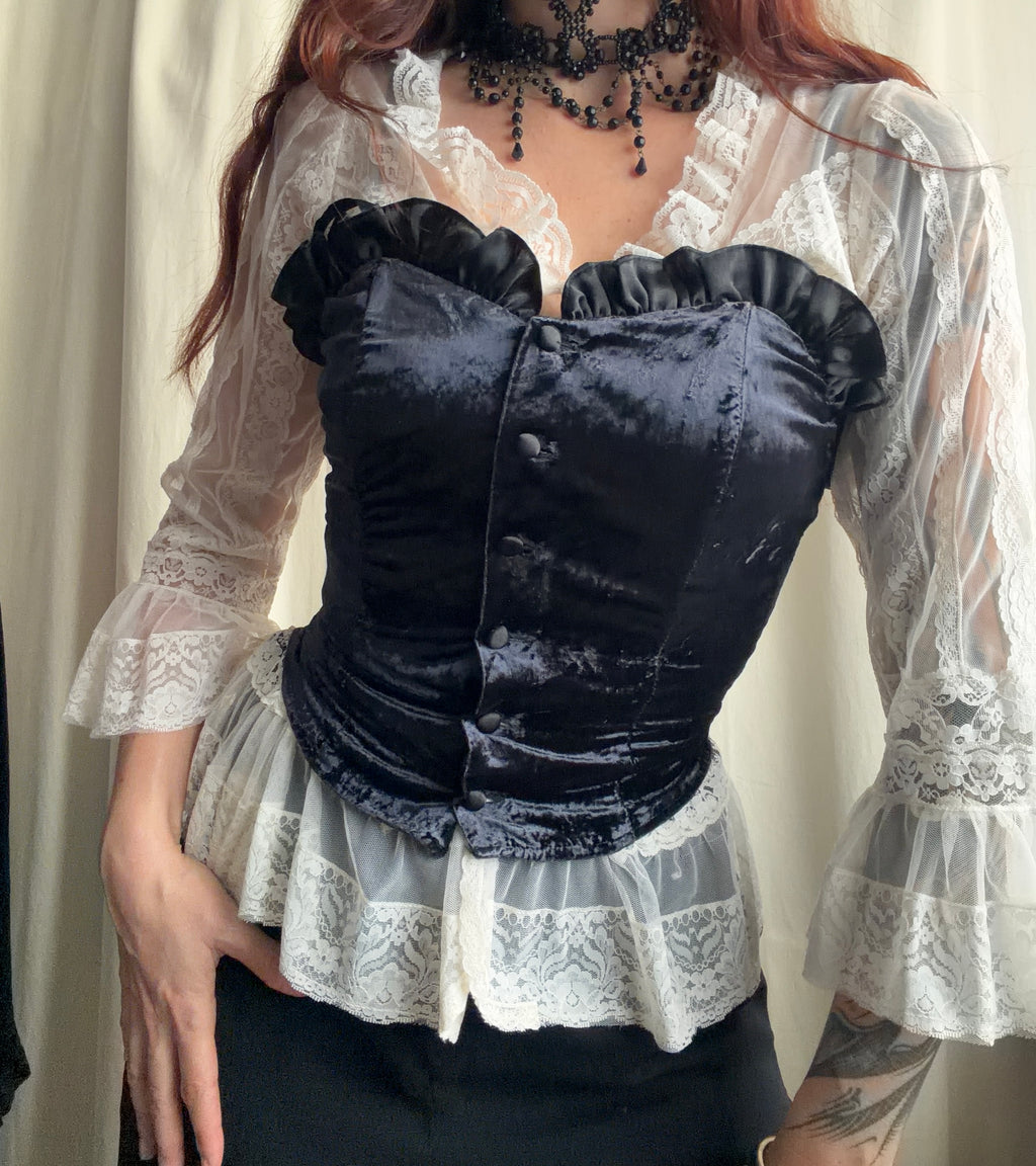 Vintage romantic goth Victorian style black velvet bustier - Size XS