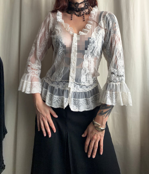 Blouse blanche transparente en dentelle à volants style victorien romantique - Taille L