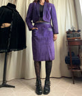 Ensemble rare veste courte et jupe midi en cuir violet vintage 80s - Taille M