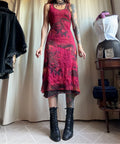 Red and black crinkled mesh midi dress, fairygrunge Y2K style - size S