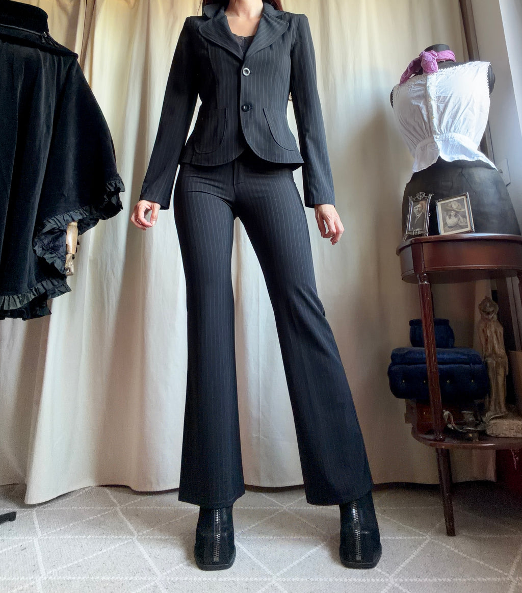 Black pinstripe pant suit, tailored fit, office siren corporate goth style - size XS
