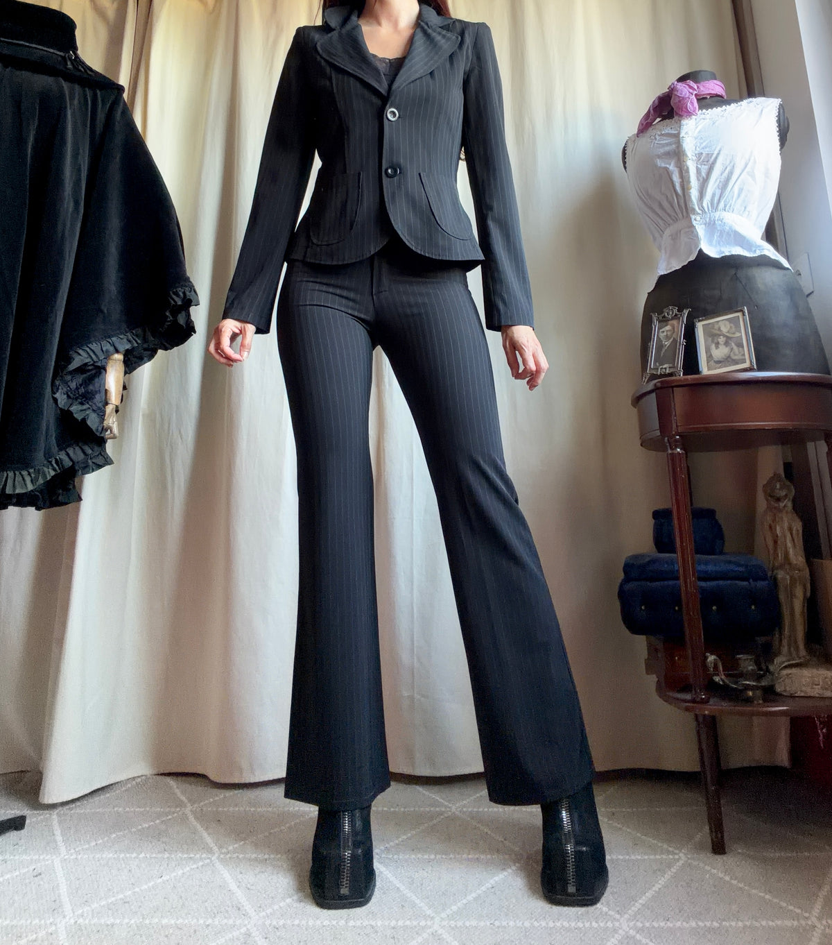 Black pinstripe pant suit, tailored fit, office siren corporate goth style - size XS