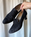 Black suedette heeled loafers with Victorian gothic style embroidery - Size 37