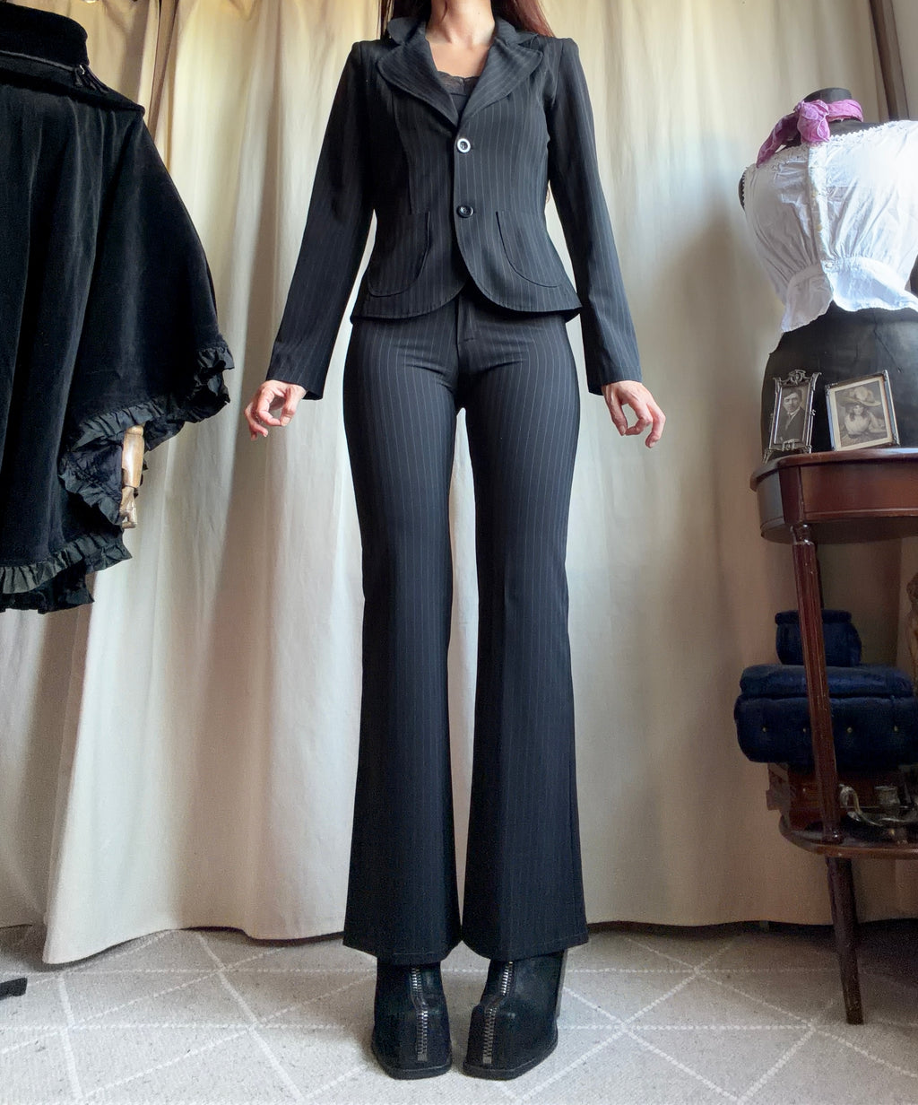 Black pinstripe pant suit, tailored fit, office siren corporate goth style - size XS