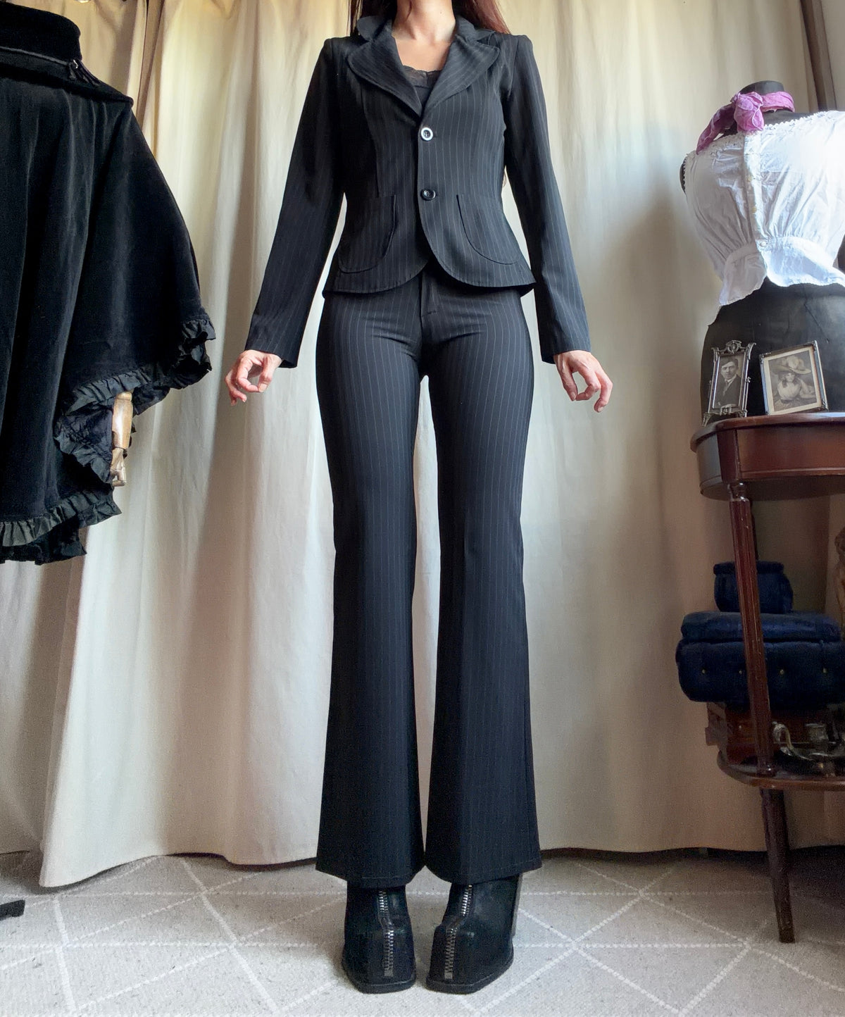 Black pinstripe pant suit, tailored fit, office siren corporate goth style - size XS