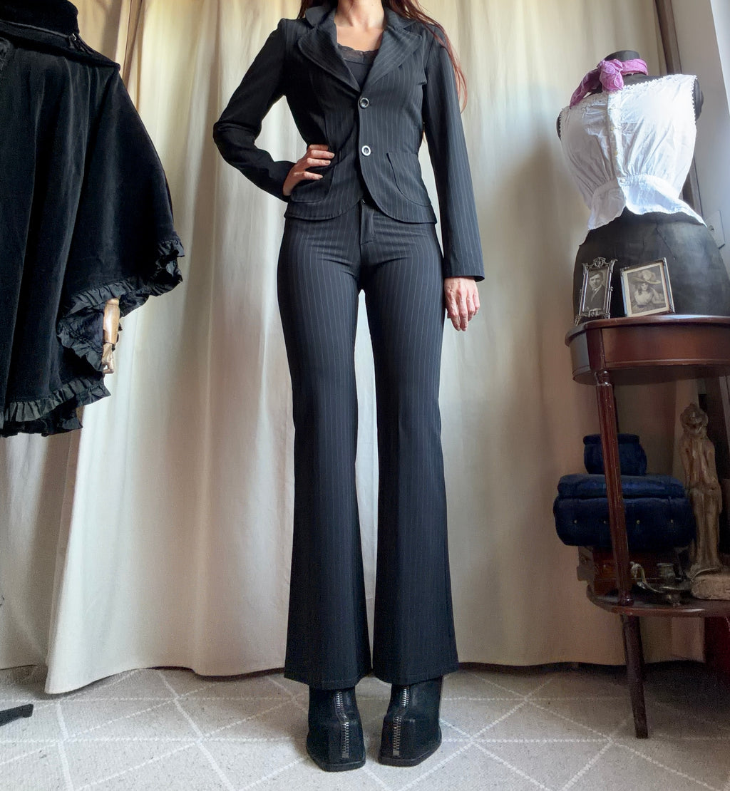 Black pinstripe pant suit, tailored fit, office siren corporate goth style - size XS