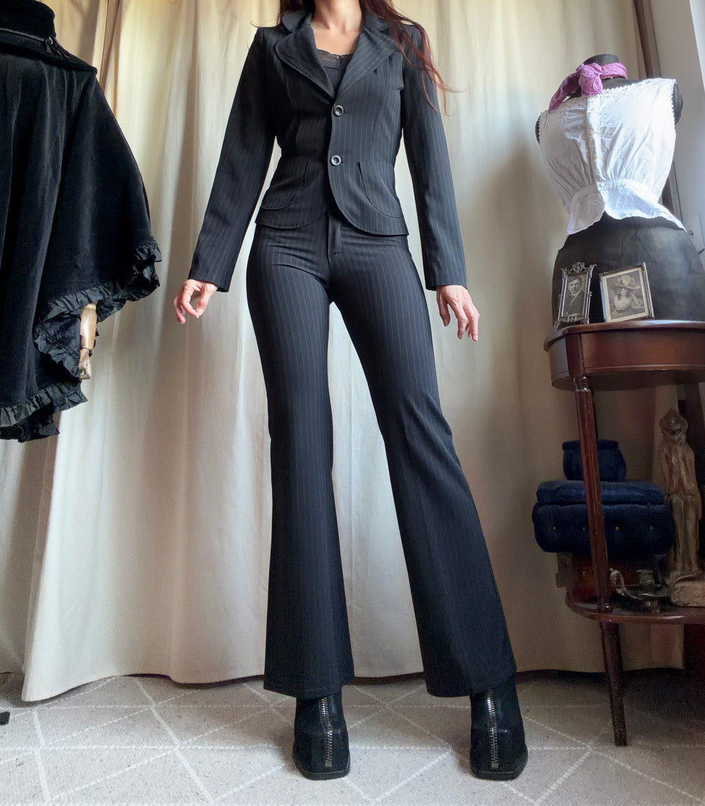Black pinstripe pant suit, tailored fit, office siren corporate goth style - size XS